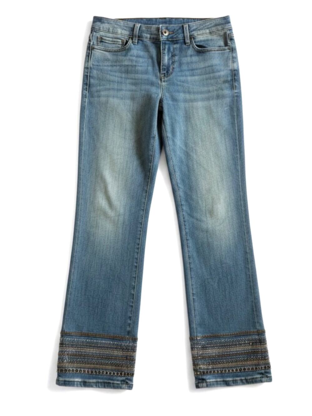 White Black The Slim Mid Rise Embellished Cuff Jeans Blue Denim